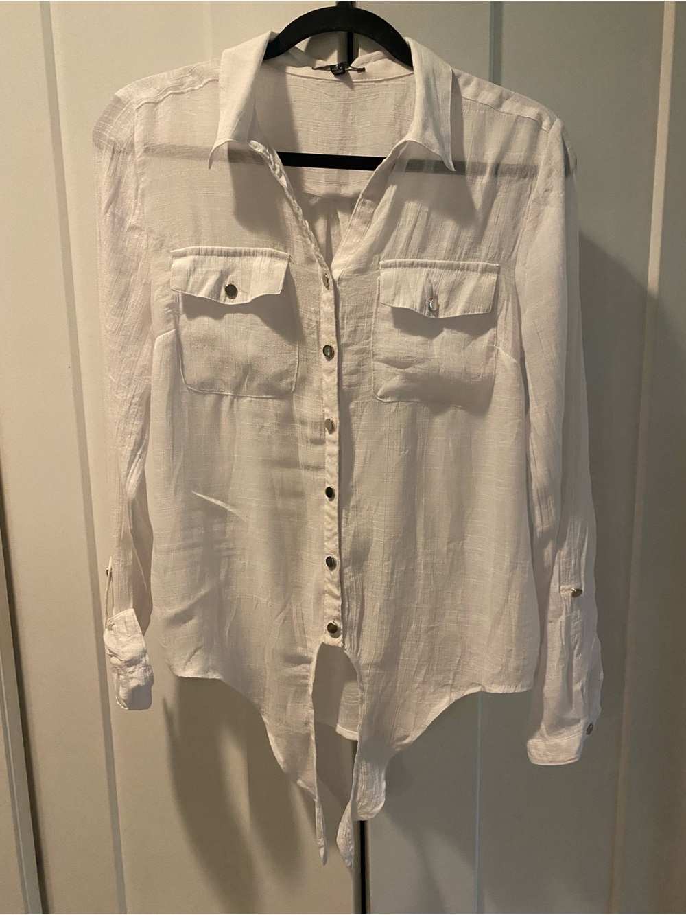 Lightweight White Button-Down Shirt with tie front and silver buttons